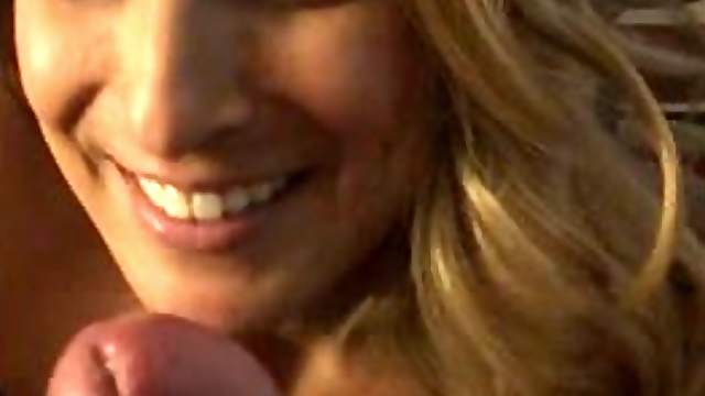Gorgeous brunette sucks a boner POV