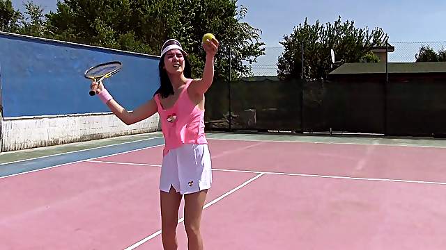Sporty girl drops her tennis racket to play with her cunt