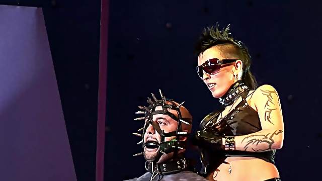 Extreme crazy fetish bdsm needle porn show on european public show stage
