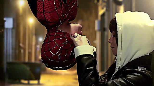 Affectionate babe giving spider man superb blowjob in parody shoot outdoor