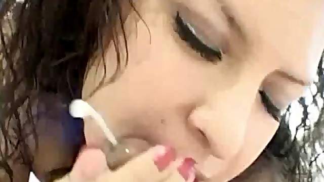 Curly-haired chick sucks the fat cock until it ejaculates