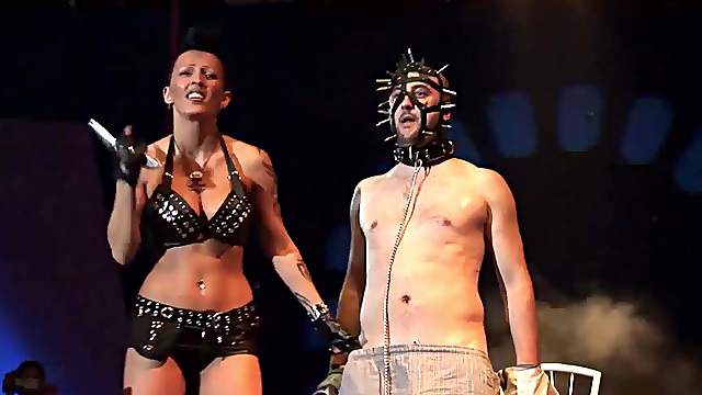 Extreme fetish porn lesson on european public sexfair show stage