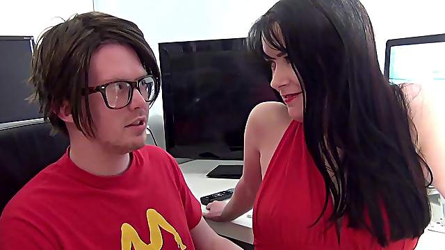 Busty Tanya Fox is sucking the nerdy guy's cock with a great pleasure