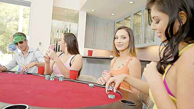 Curvy chicks and their pal playing a game that turns into group sex