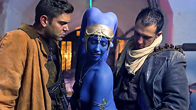 Blue hotness fucked from both sides mercilessly during a hot threesome