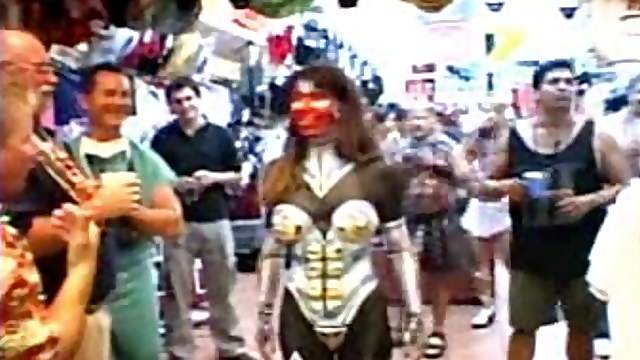 Fake tits cowgirl drinking passionately in public