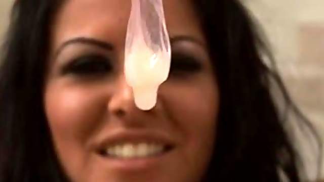 Brunette mom drink cum from condom
