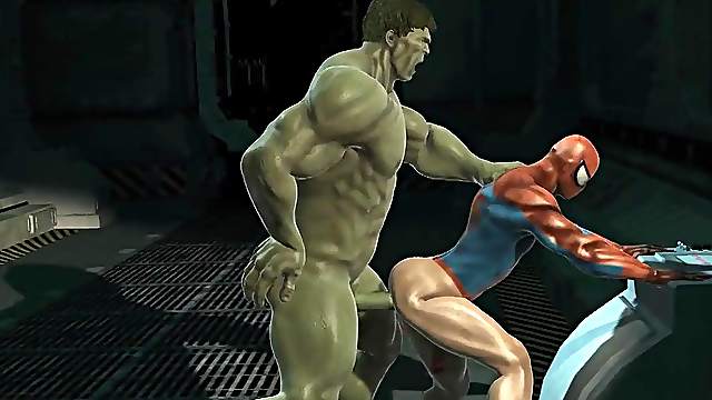 3D cartoon Spiderman getting blown and fucked by The Hulk
