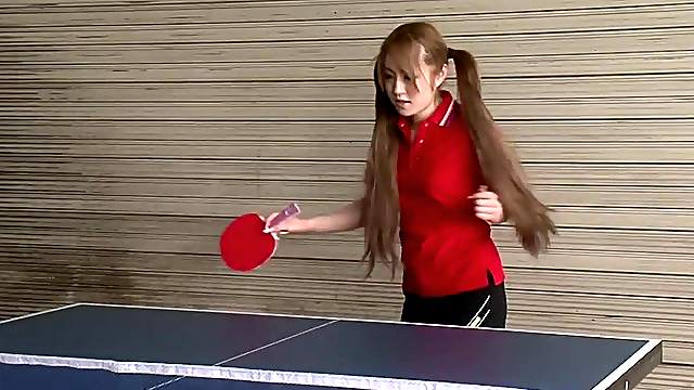 Babe in pigtails sucks guys dick after a game of ping pong