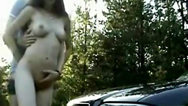 Teen Brunette Show Fucking Outdoor on Car