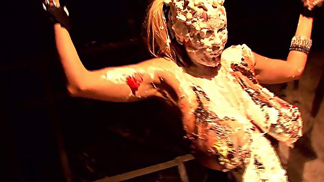 Kelly Madison covered in cake while masturbating with her hands