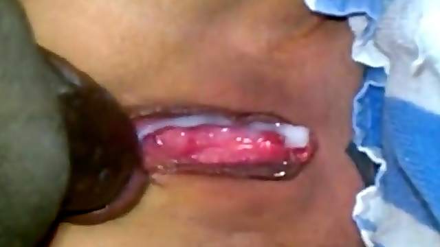 Black guy fucks his white woman and cums inside her shaved big pussy