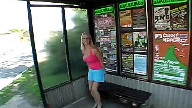 Sexy Blonde Babe with a Mighty Rack Sucks Stranger's Finger in Public