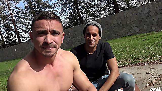 Latino gay blindfolded and surprised with a big dick outdoors