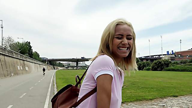 Blonde Veronica Leal gets talked into pleasing a cock outdoors