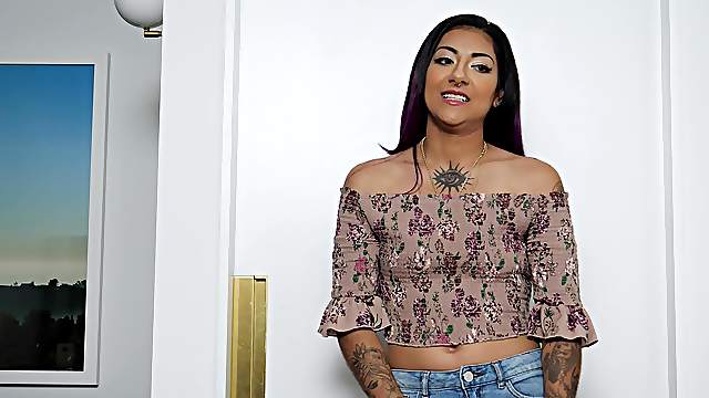 Tattooed babe Gina likes it when a neighbor bangs her in POV