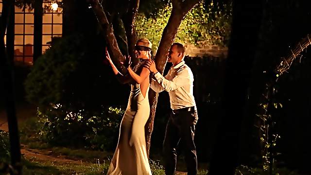 Blindfolded blonde wife Vinna gets a surprise sex session outdoors