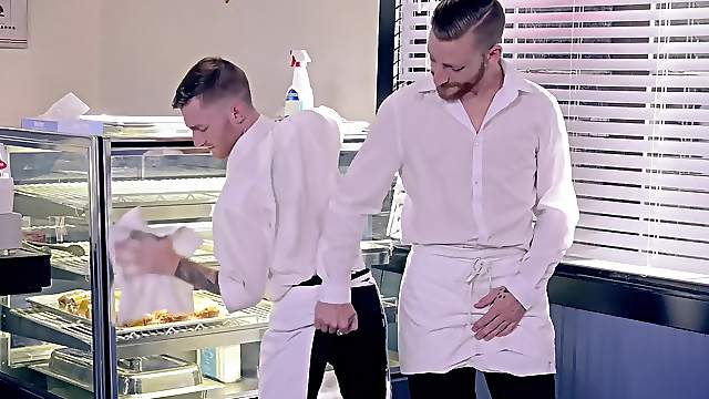 Gay waiters in a food fetish doggy fuck after work