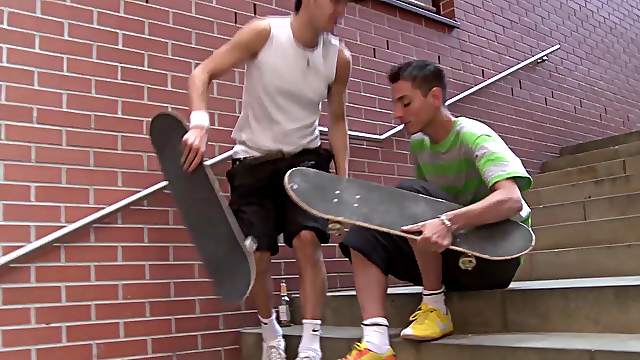 Latino teen gay couple cum all over each other in public