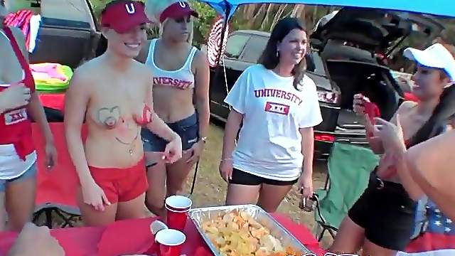 Brunette sporty babe Tiff Bannister fucked doggy style at a party