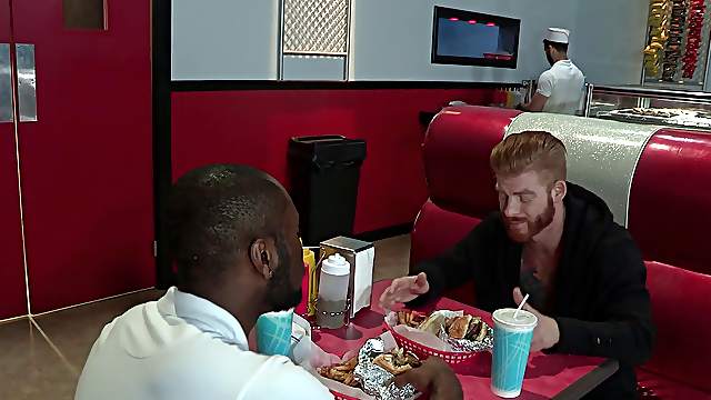 Interracial gay group sex with employees and a customer at a bar