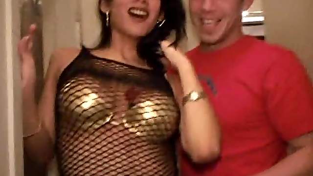 Brunette transsexual babe in fishnets gets ass fucked