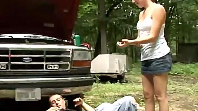 Cute big tit girlfriend  distract her boyfriend from working on his truck!