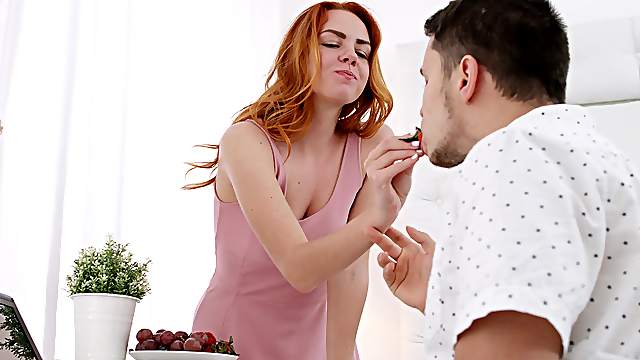Pale redhead teen Candy bounces on a big fat cock and swallows cum