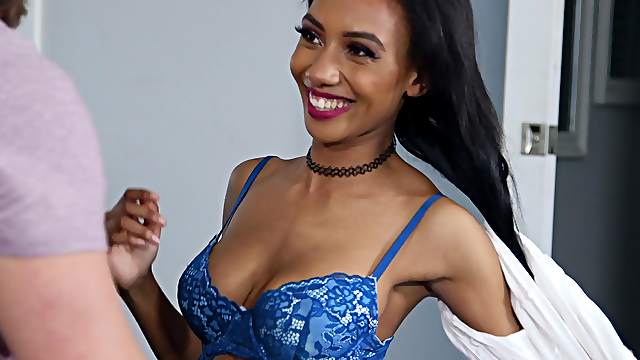 Ebony teen brunette Alexis Avery receives a hard cock doggy style