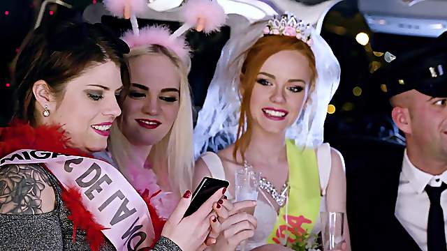 Ella Hughes and her slutty friends fuck a limo driver on a wedding