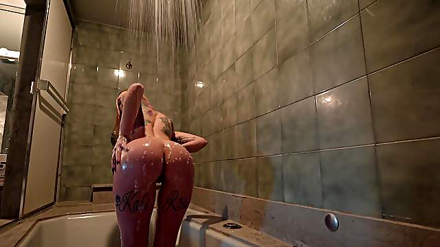 Inked blonde bombshell Kali Roses takes a shower before a hard fuck