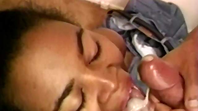 Ebony babe Viva gets her mouth filled with cum from an older white guy