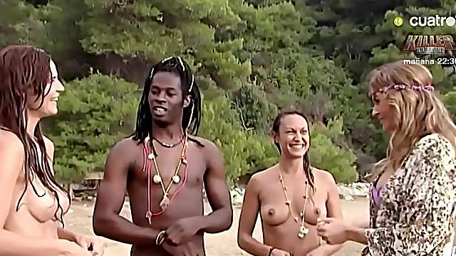 Stranded beach babes share a big fat black dick hardcore