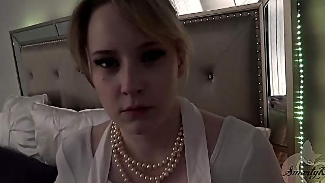 Blonde housewife in a dress gets her shaved pussy pounded missionary