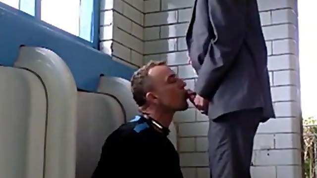 Young man sucks an old mens cock in the public toilet
