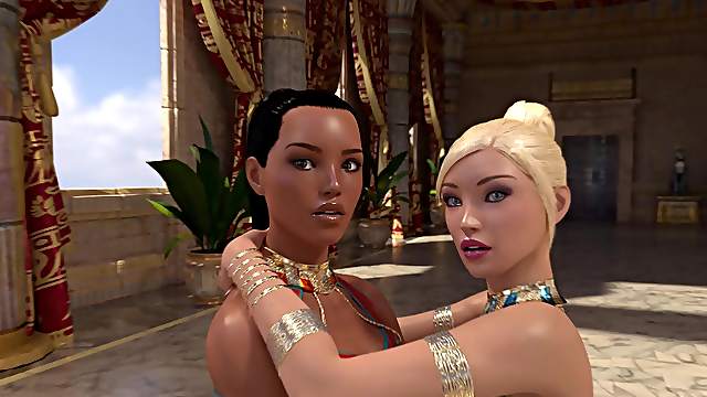 Ebony and blonde futanari babes entertaining the Egyptian princess