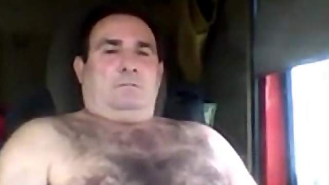 Old Hairy Trucker Jerking Cock In Car Cabin