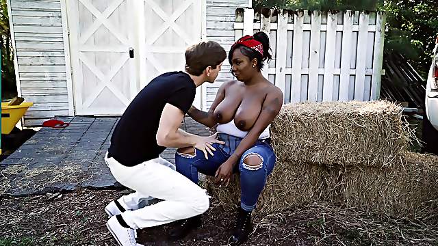 Fat black chick Layton Benton fucked by a white guy in outdoors