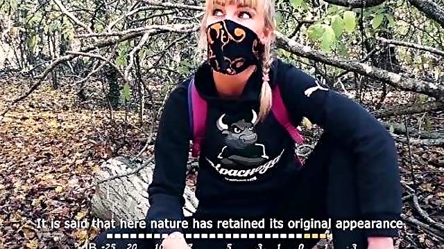Russian blonde gives a blowjob to a stranger in the forest