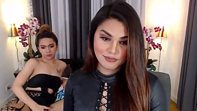 Two super hot amateur shemale lesbians in sexy lingerie and outfit wanking cocks