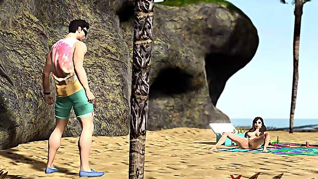 Hot horny brunette has passionate sex on the beach