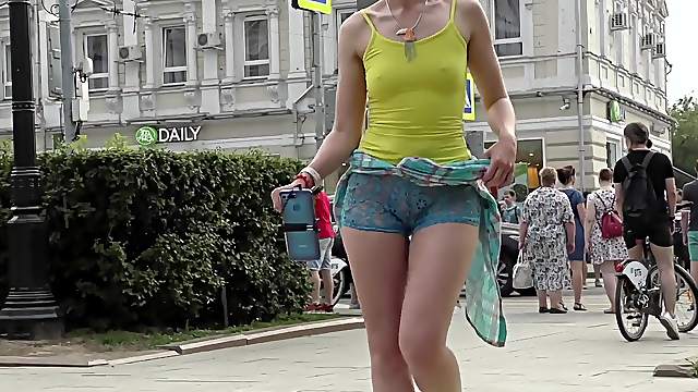 Jeny Smith walks in public with transparent shorts. Real flashing moments