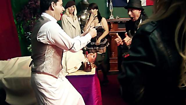 Wild sex party between lucky guys and couple of cock hungry