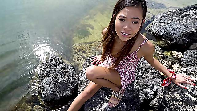 Skinny Asian pornstar Vina Sky spreads her legs for a fat white cock