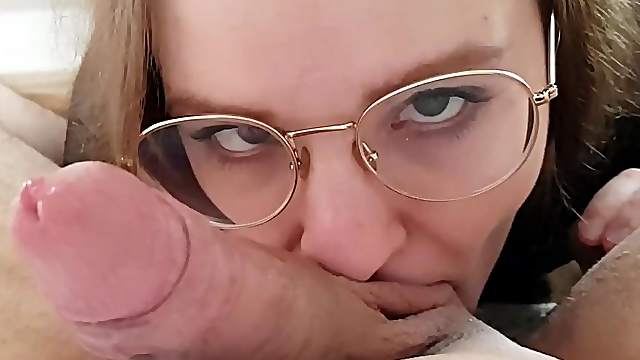 Nerdy babe swallows for the first time POV
