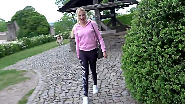 German outdoor cum facial walk with skinny blonde