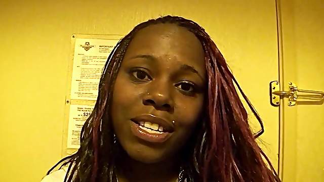 Ebony amateur Ms. Cakes drops on her knees to blow a white dick