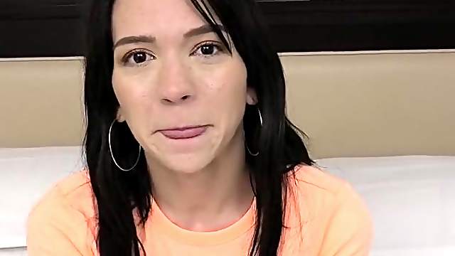Sexy brunette college girl slobbers on a fat dick