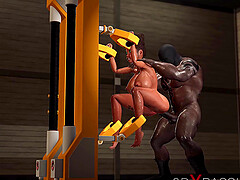 Restricted area. A sexy ebony in restraints gest fucked hard by a black big cock