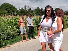 Horny matures Emily Devine and Lilian Black get fucked outdoors